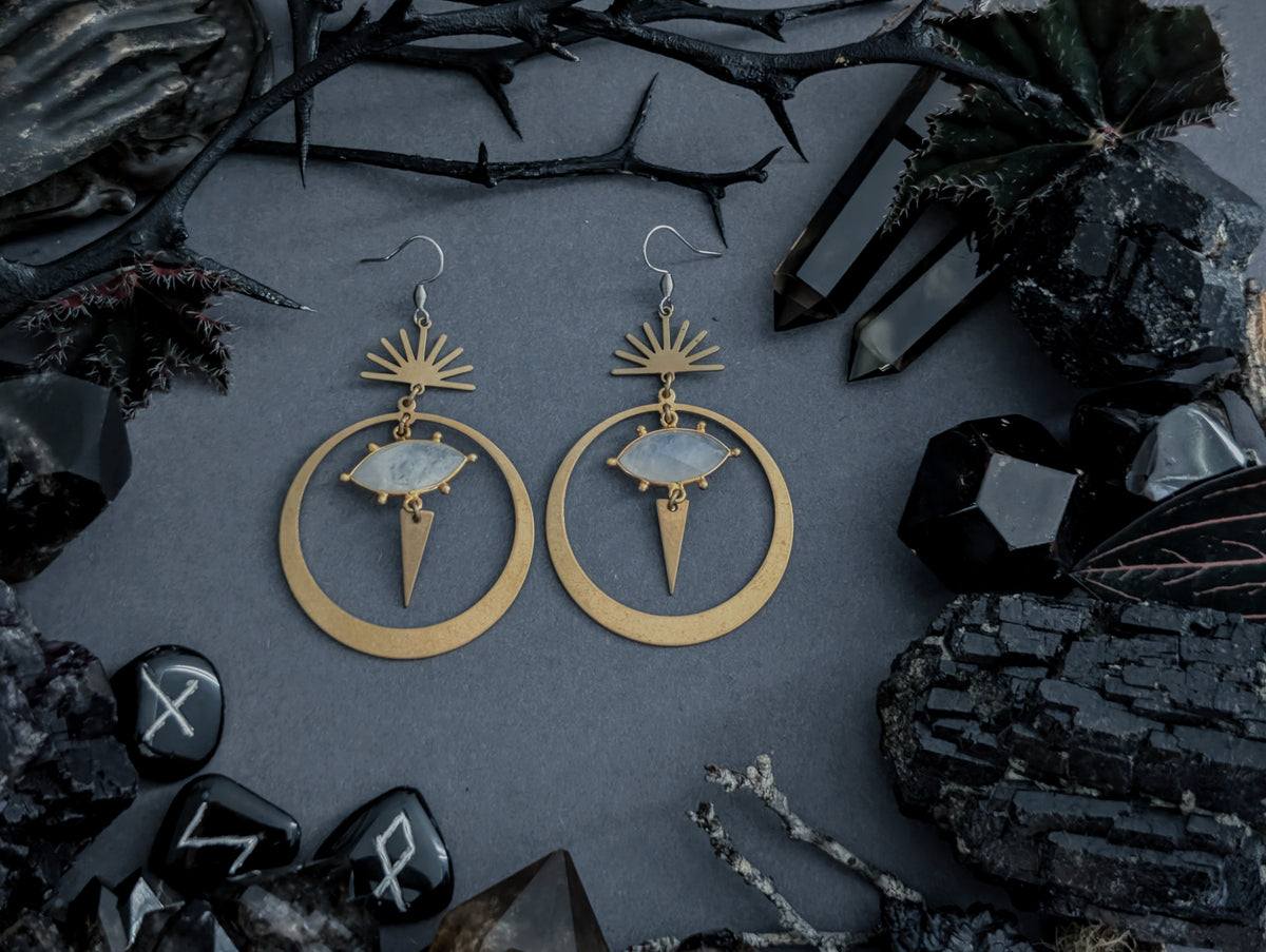 Handcrafted earrings in either stainless steel or raw brass featuring moonstone created by Hexian in Australia