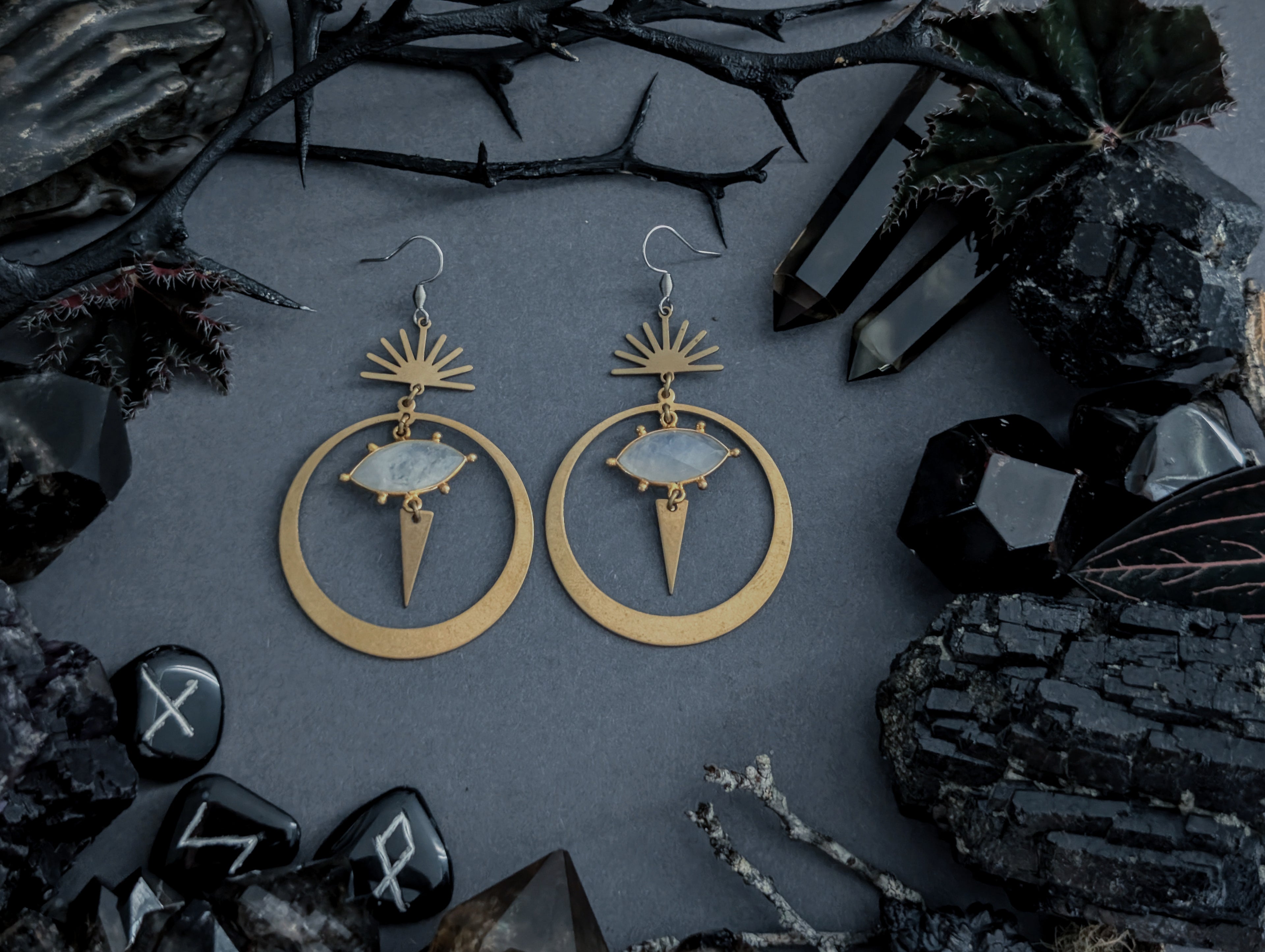 Handcrafted earrings in either stainless steel or raw brass featuring moonstone created by Hexian in Australia