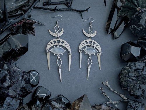 Handcrafted earrings in either silver plated or raw brass featuring moonstone created by Hexian in Australia