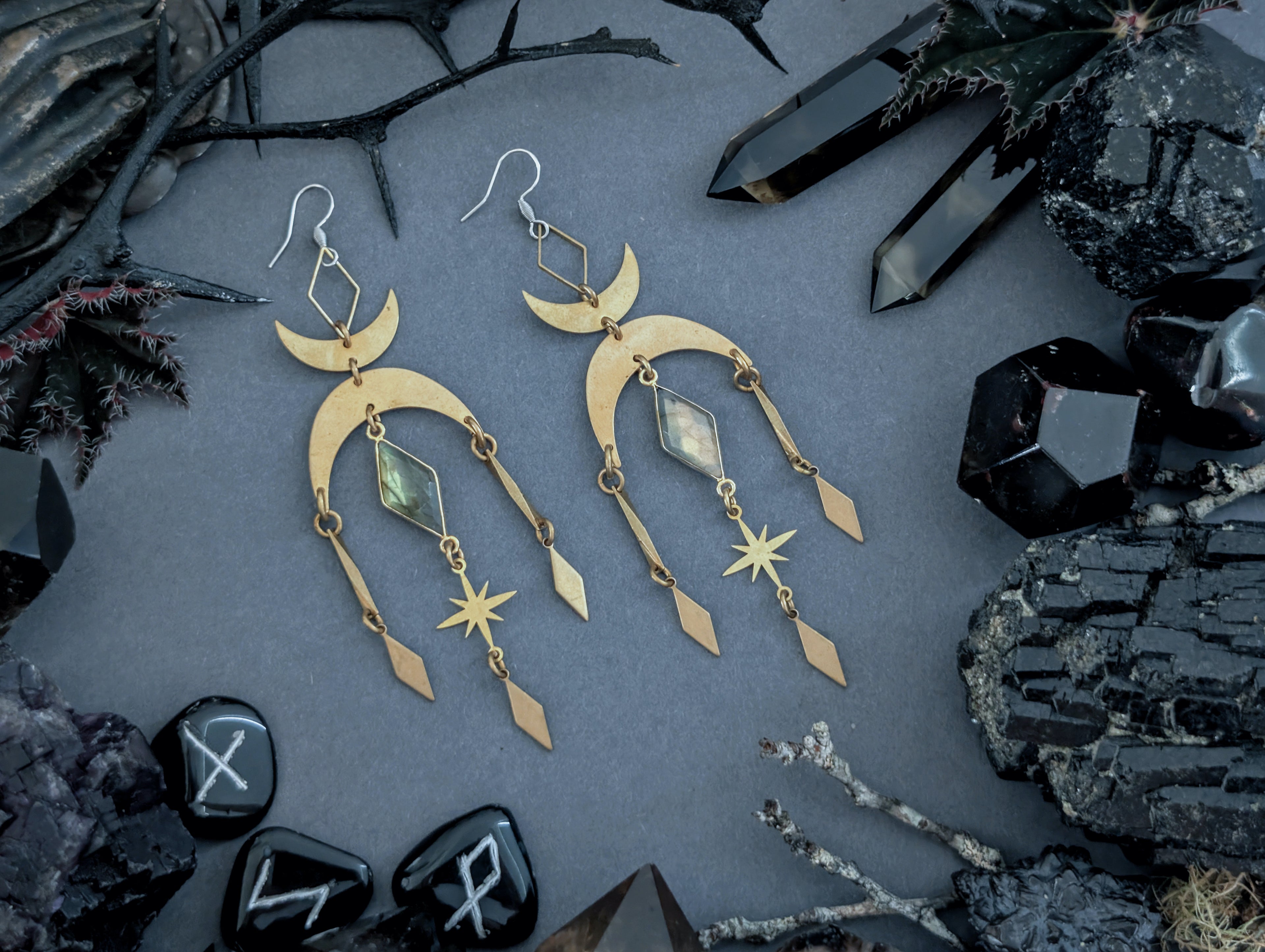 Handcrafted earrings in raw brass featuring labradorite created by Hexian in Australia