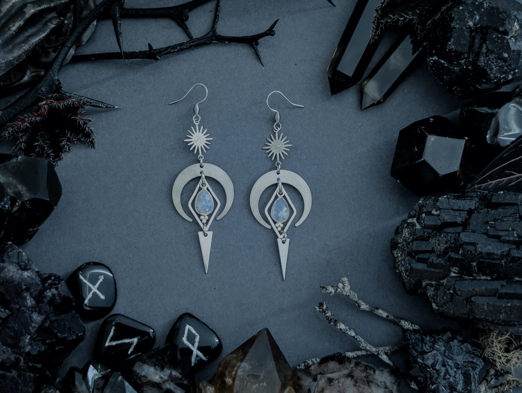 Handcrafted earrings in silver plated brass featuring moonstone created by Hexian in Australia