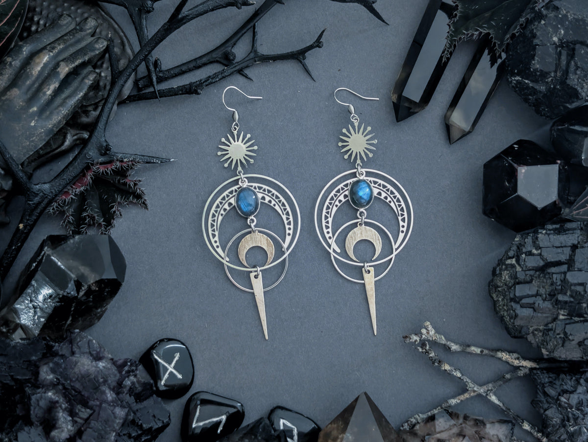 Handcrafted earrings in either stainless steel or raw brass, featuring labradorite created by Hexian in Australia