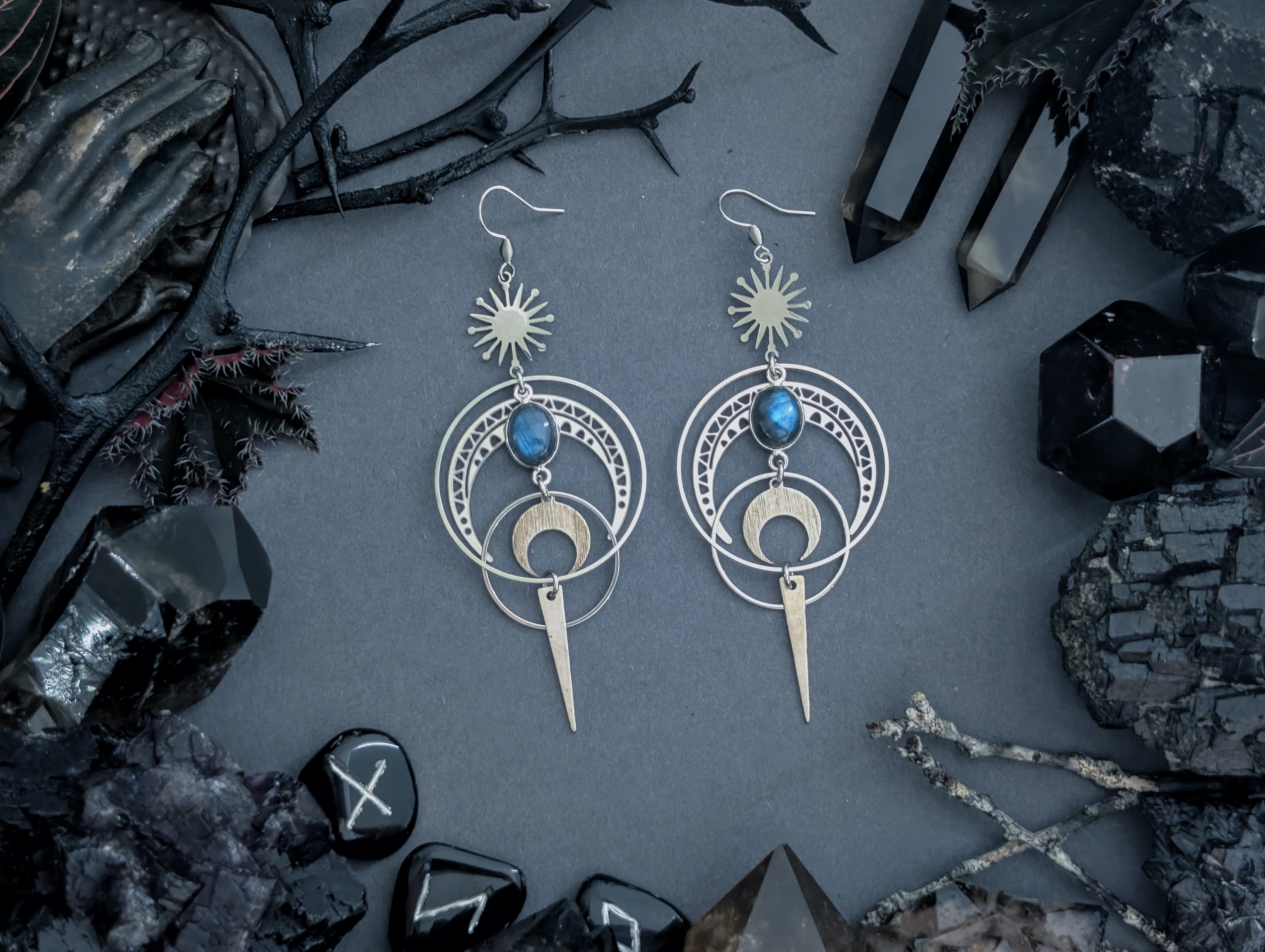 Handcrafted earrings in either stainless steel or raw brass, featuring labradorite created by Hexian in Australia