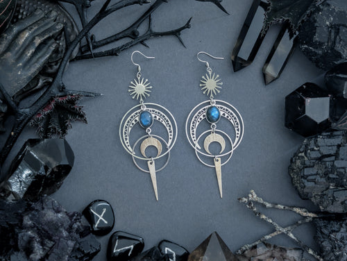 Handcrafted earrings in either stainless steel or raw brass, featuring labradorite created by Hexian in Australia
