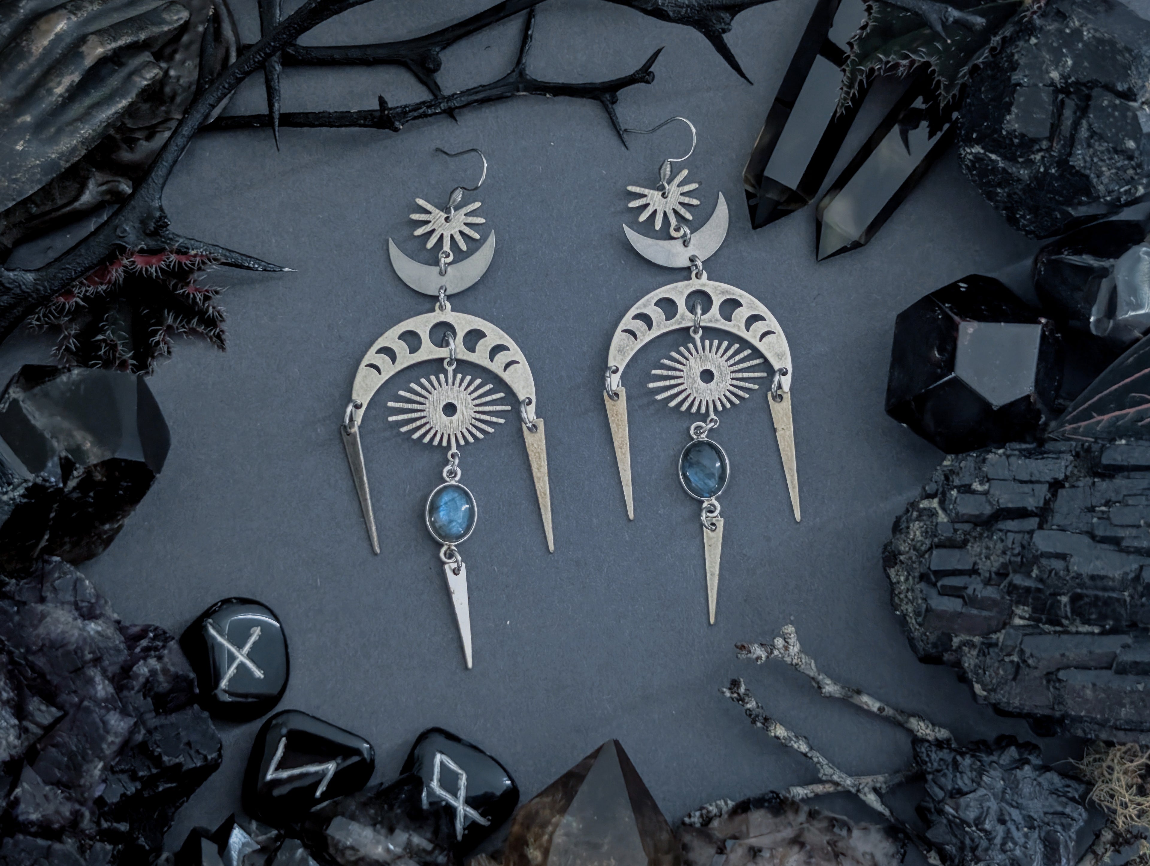 Handcrafted silver plated brass earrings, featuring labradorite created by Hexian in Australia