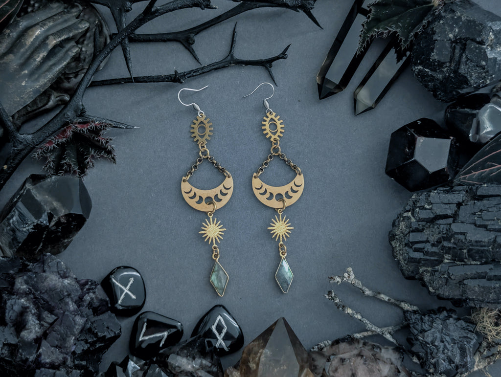 Handcrafted earrings in either stainless steel, oxidised brass, raw brass, featuring labradorite created by Hexian in Australia