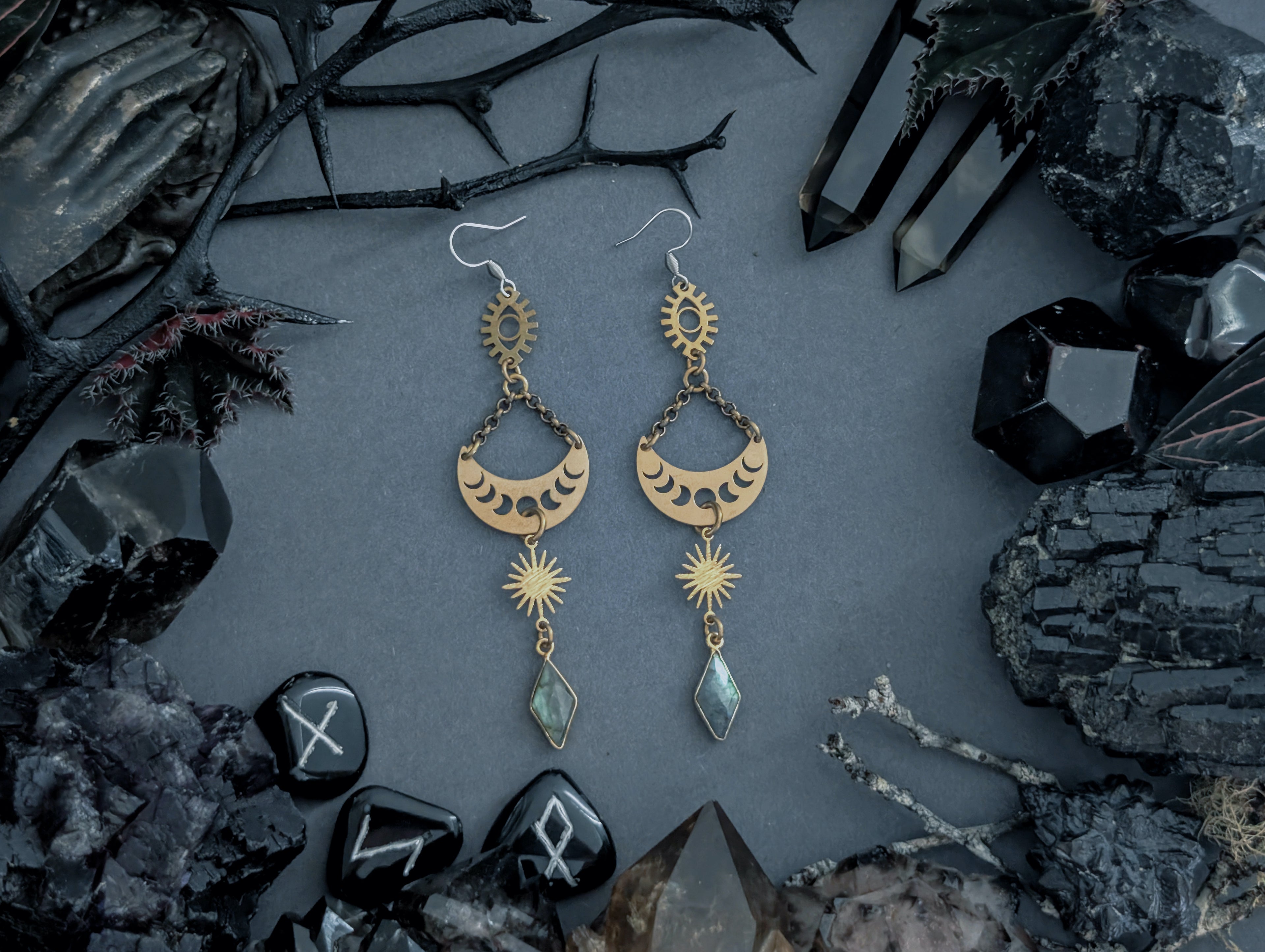 Handcrafted earrings in either stainless steel, oxidised brass, raw brass, featuring labradorite created by Hexian in Australia