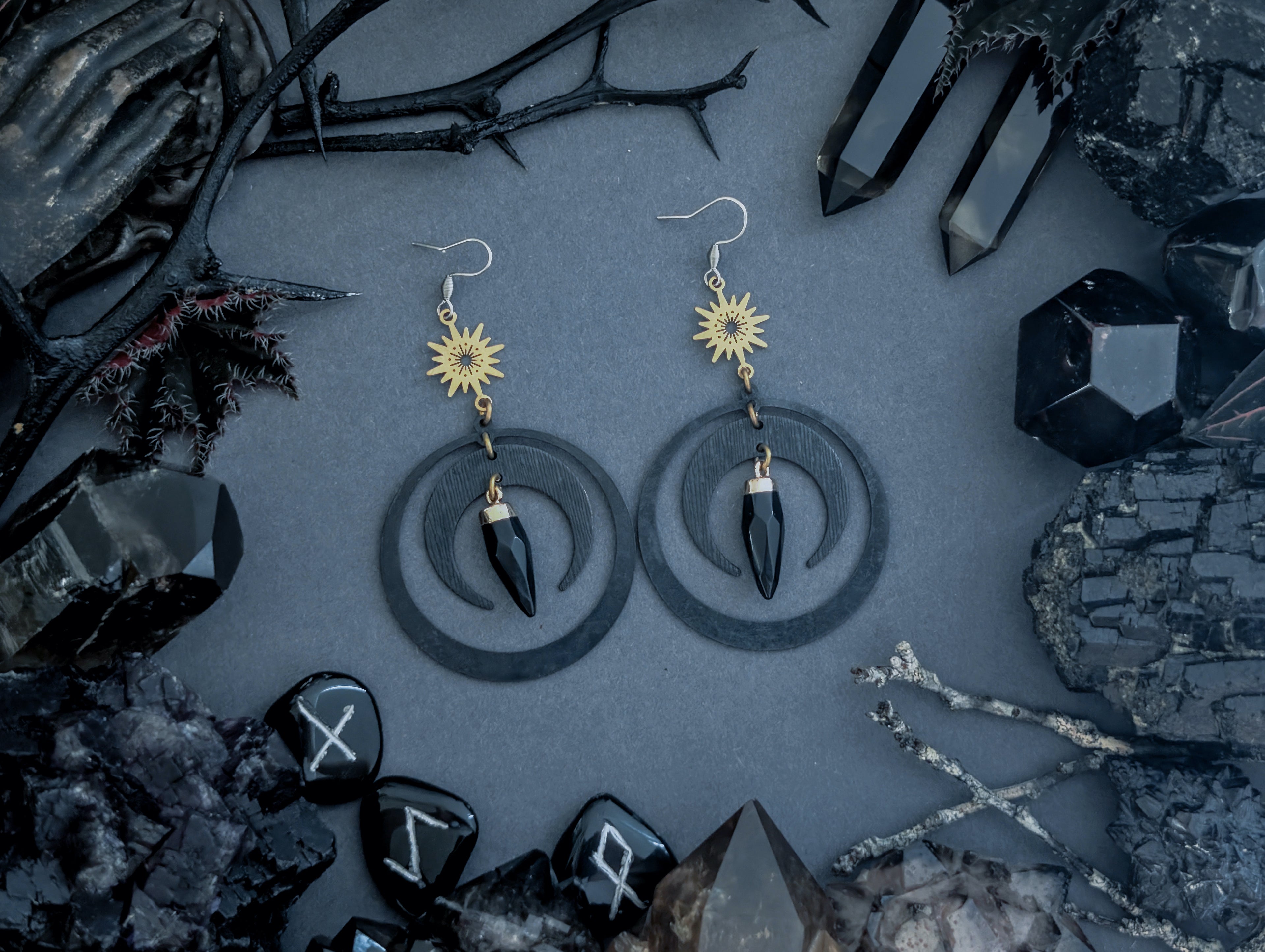 Handcrafted black earrings, featuring black obsidian created by Hexian in Australia