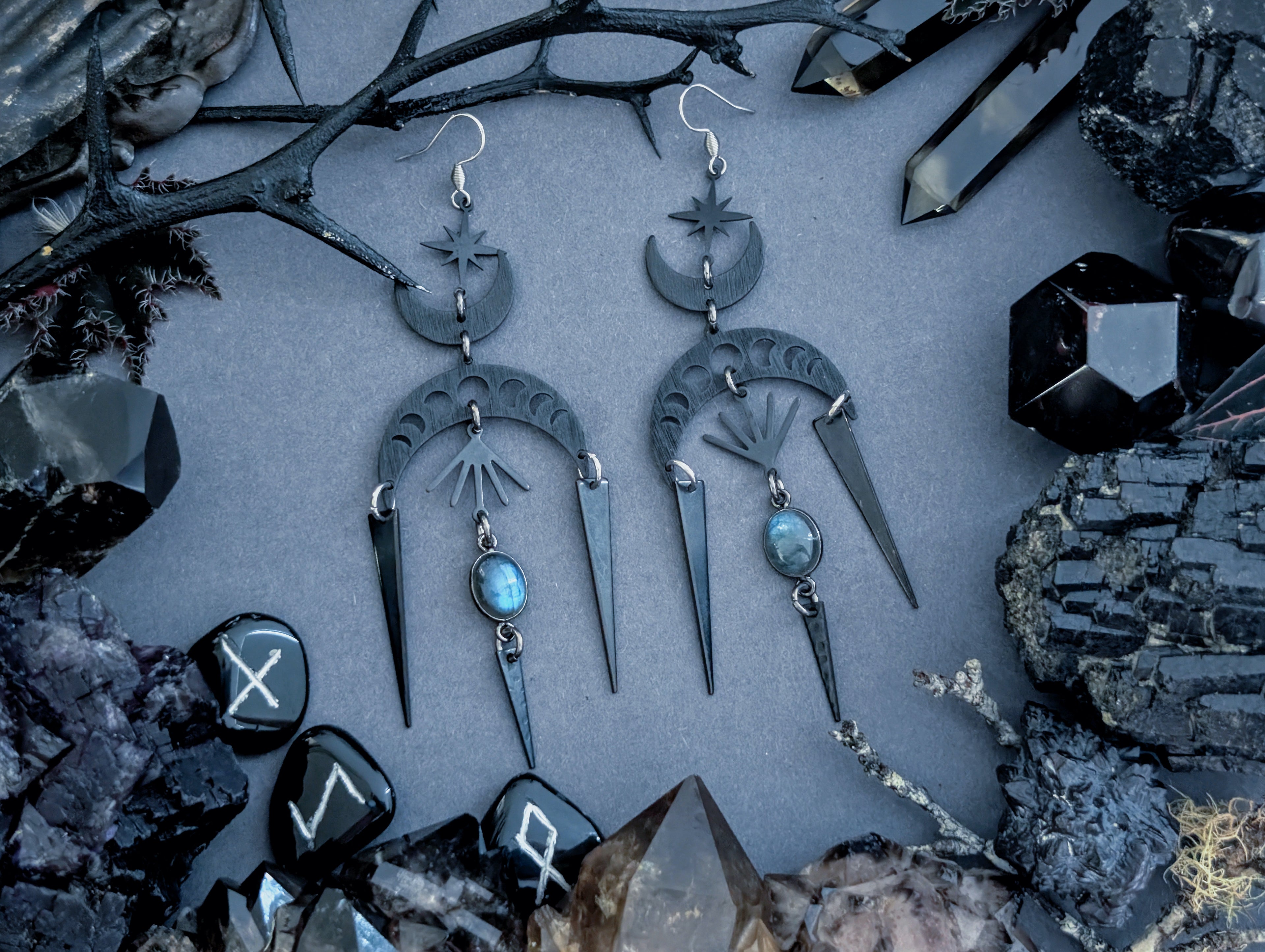 Handcrafted black earrings, featuring labradorite created by Hexian made in Australia
