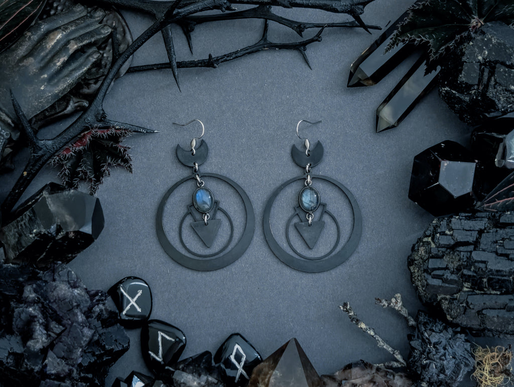 Handcrafted black earrings, featuring labradorite created by Hexian in Australia.