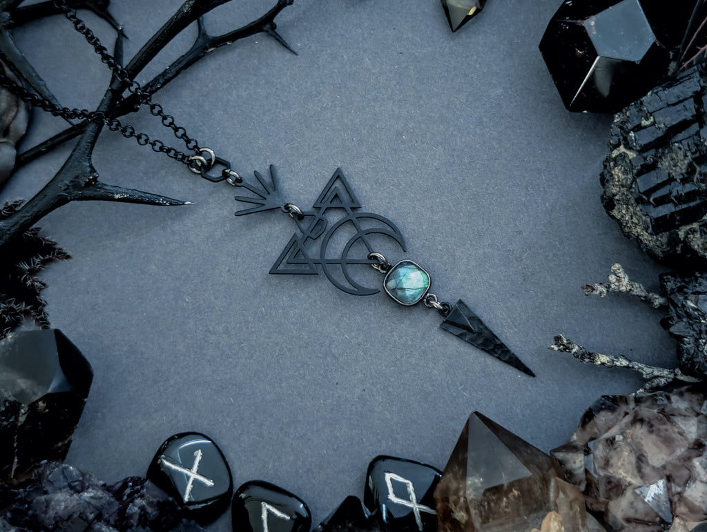 Handcrafted black necklace, featuring labradorite created by Hexian in Australia