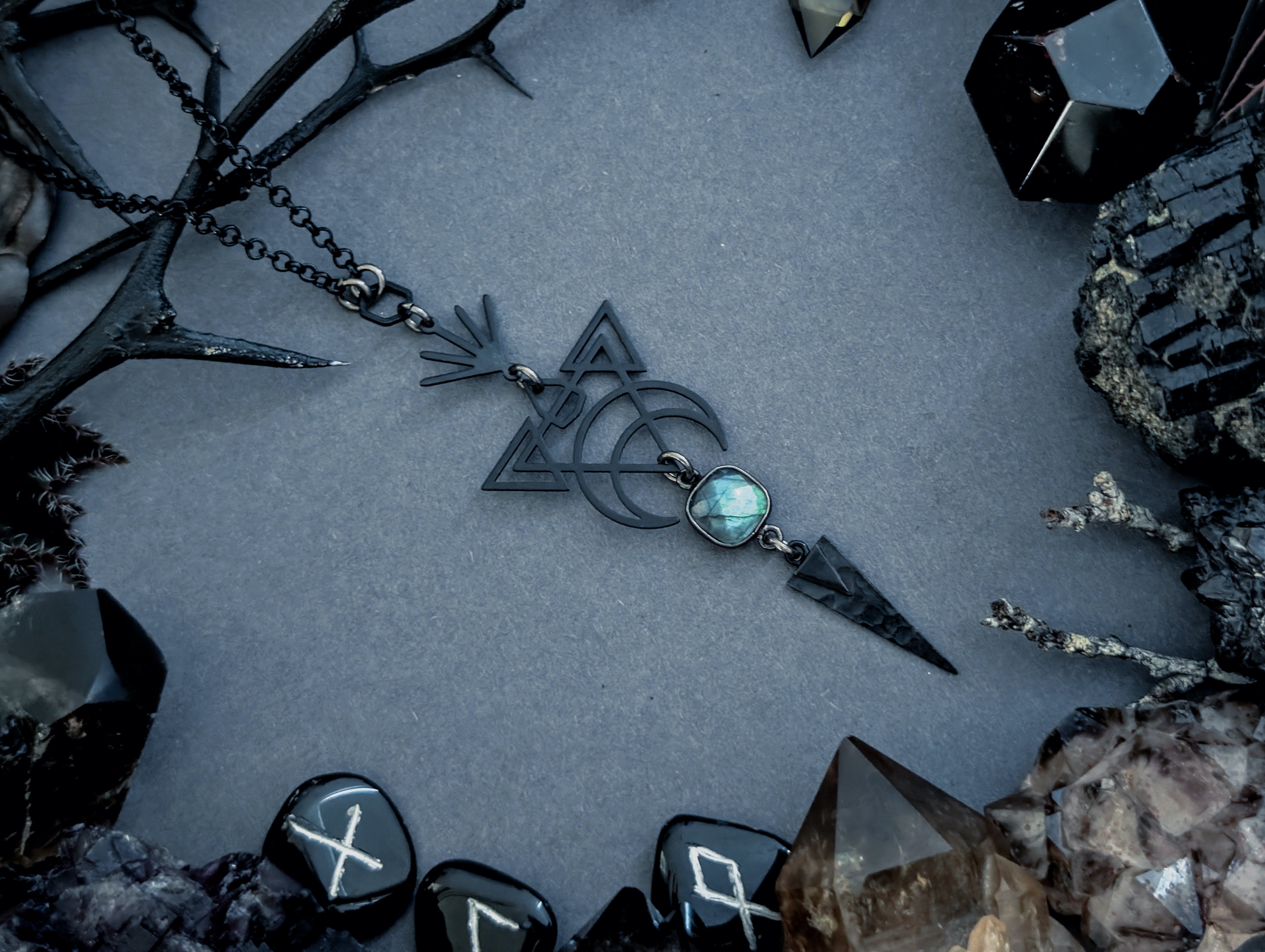 Handcrafted black necklace, featuring labradorite created by Hexian in Australia