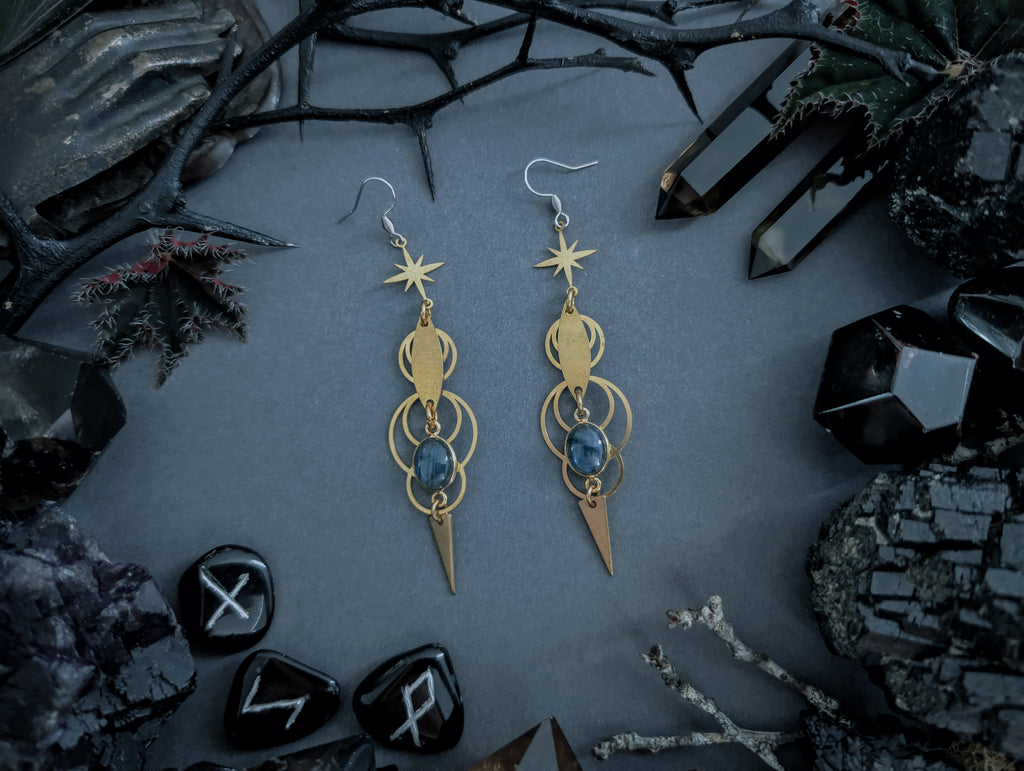 Handcrafted raw brass earrings, featuring labradorite, created by Hexian in Australia.
