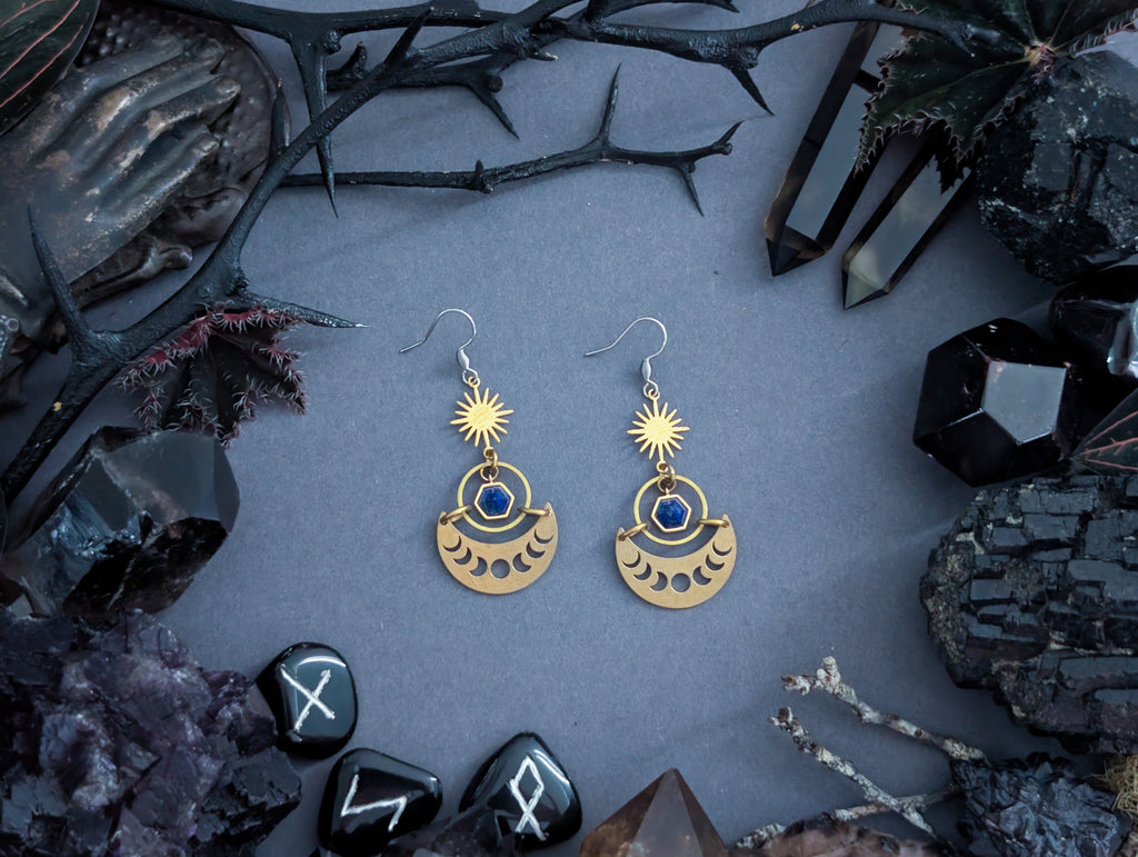 Handcrafted raw brass earrings, featuring lapis lazuli, created by Hexian in Australia.
