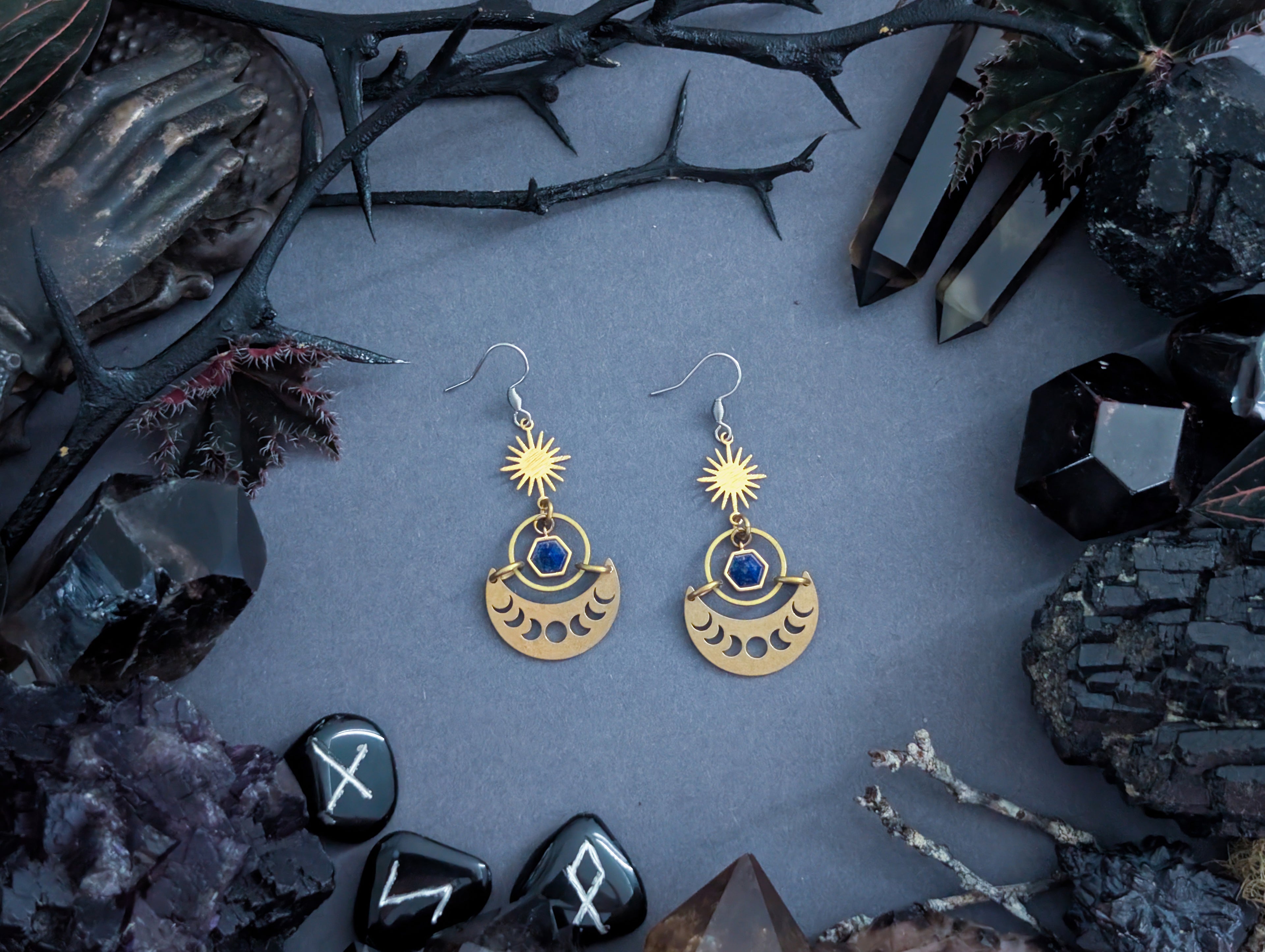 Handcrafted raw brass earrings, featuring lapis lazuli, created by Hexian in Australia.
