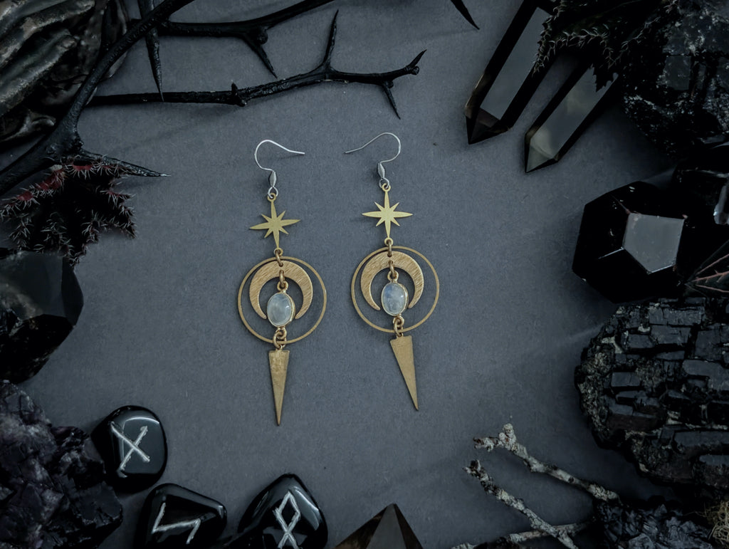 Handcrafted raw brass earrings featuring moonstone created by Hexian in Australia.
