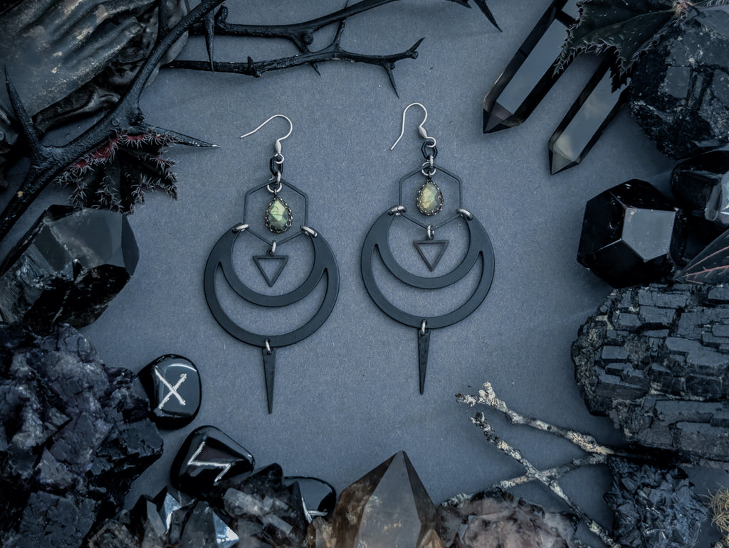 Handcrafted black earrings with labradorite by Hexian. Australian artisan jewellery with a refined dark aesthetic