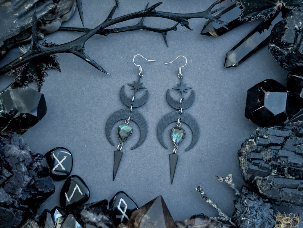 Handcrafted black earrings featuring labradorite, created by Hexian in Australia.
