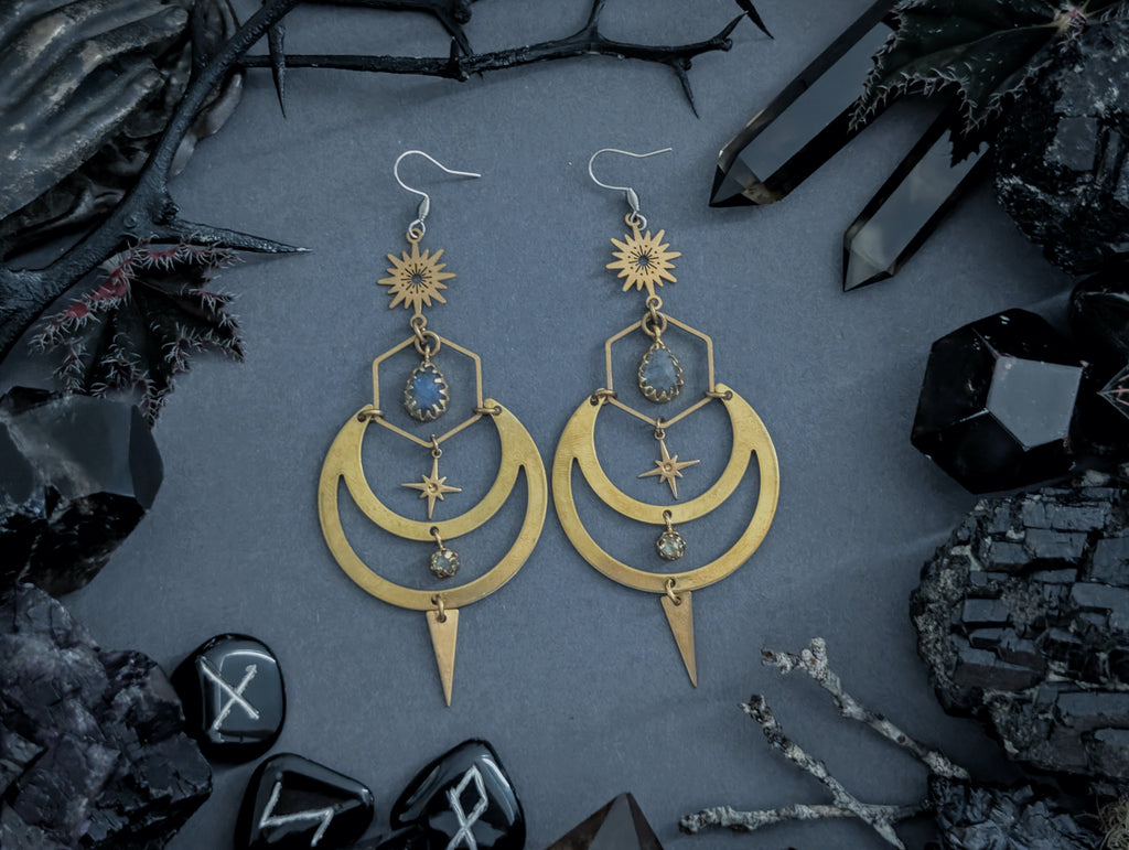 Handcrafted raw brass earrings, featuring labradorite, created by Hexian in Australia.