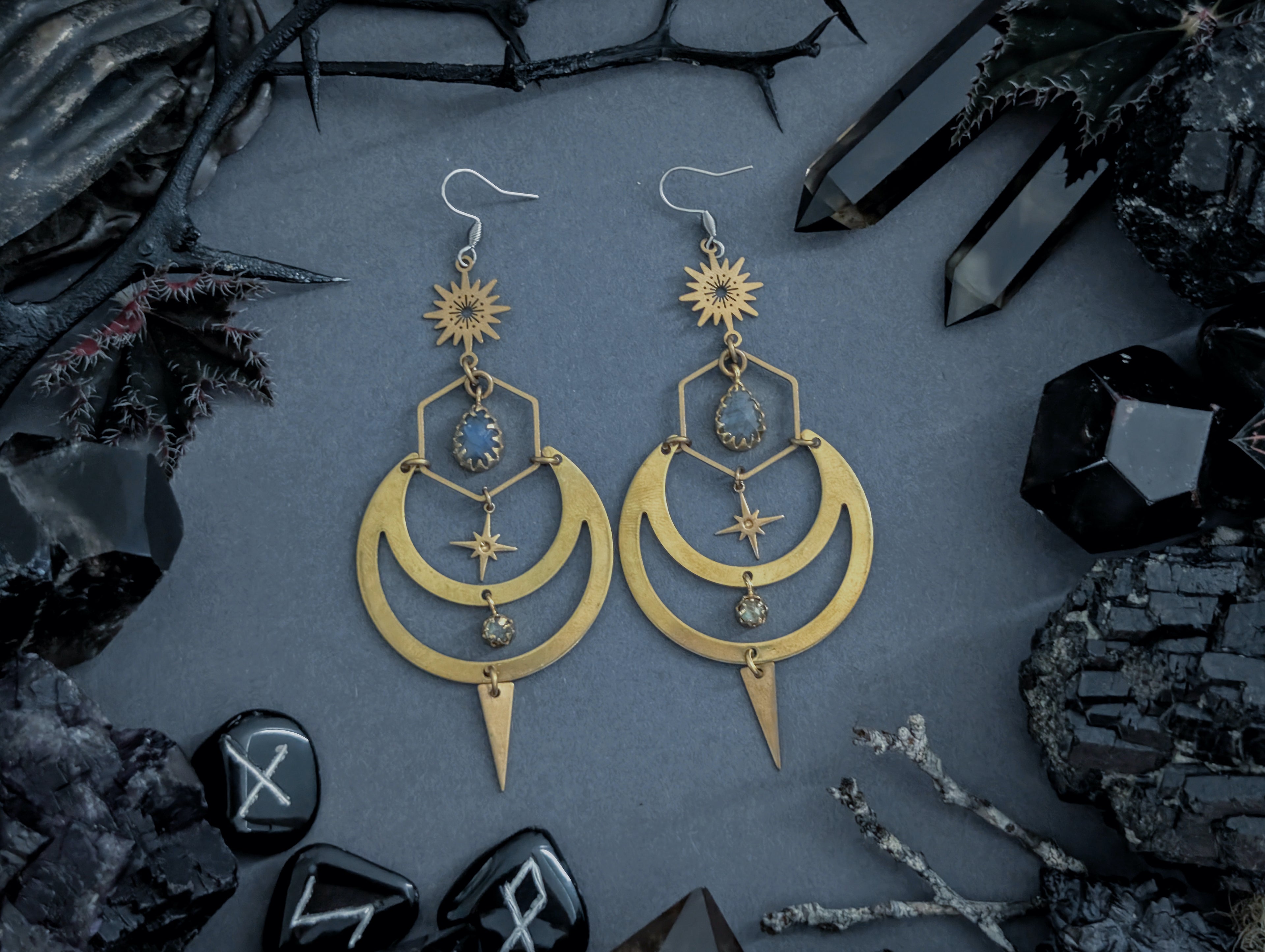 Handcrafted raw brass earrings, featuring labradorite, created by Hexian in Australia.