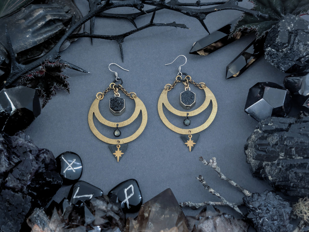 Handcrafted beaten raw brass earrings, featuring gold plated druzy agate, created by Hexian in Australia