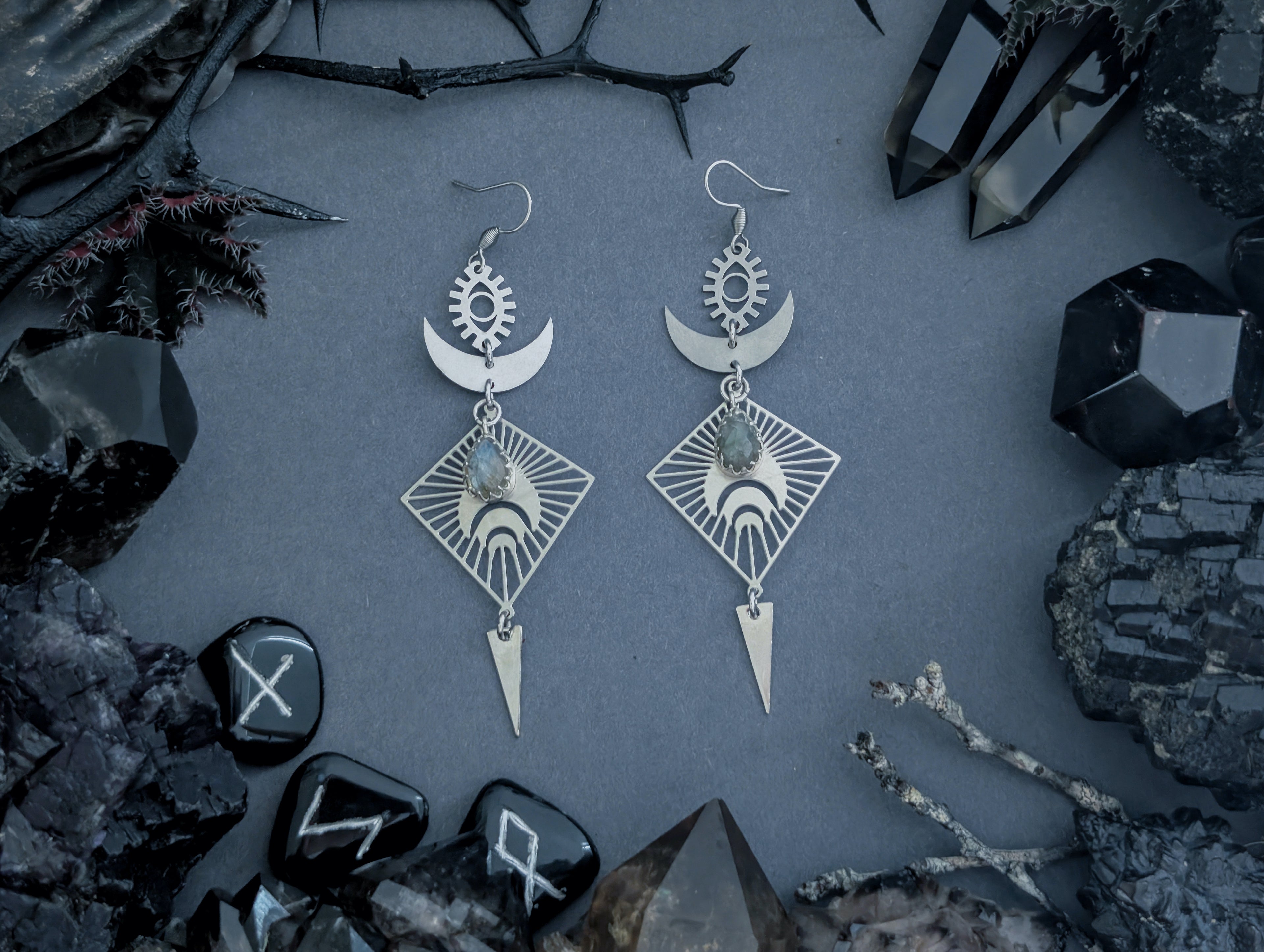 Handcrafted stainless steel earrings, featuring labradorite, created by Hexian in Australia.