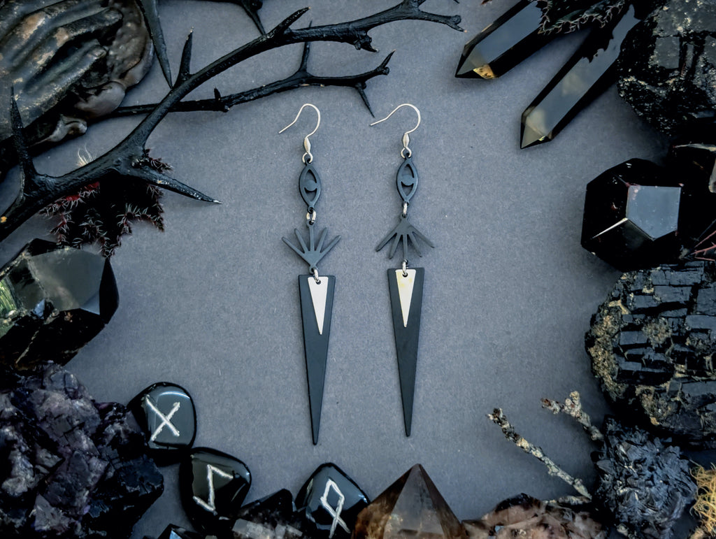 Handcrafted black esoteric earrings, created by Hexian in Australia.