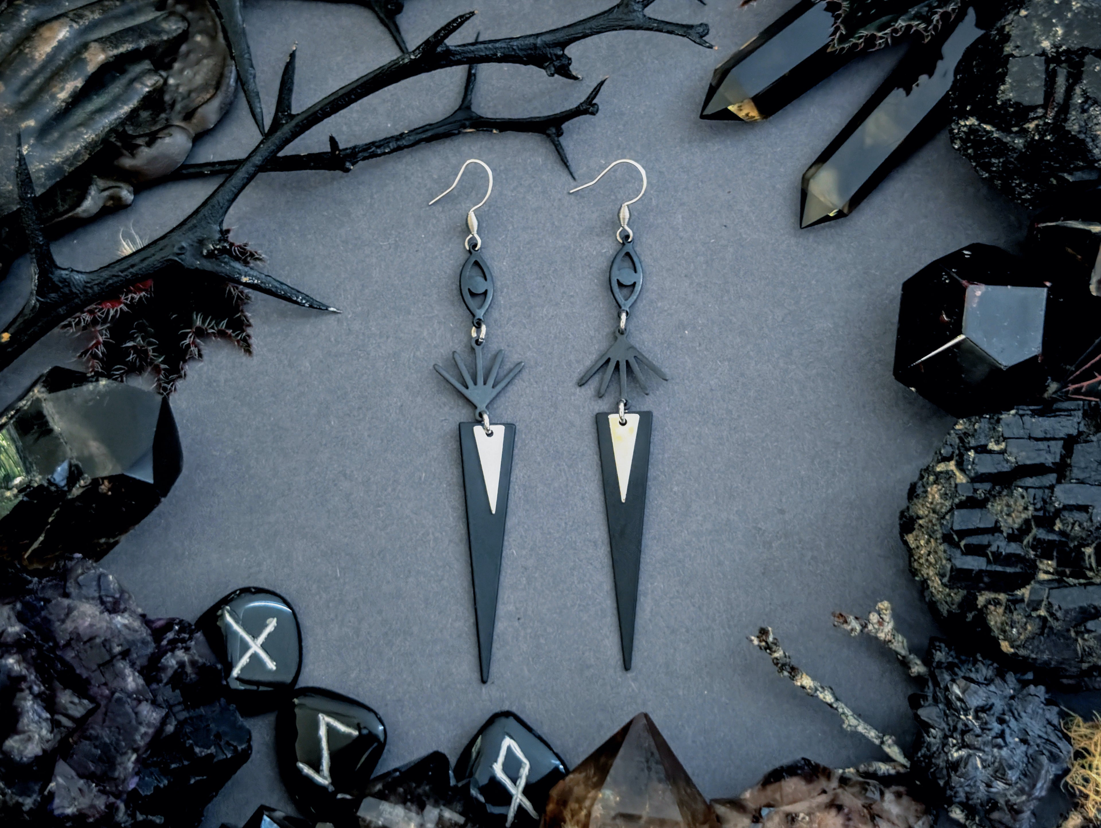 Handcrafted black esoteric earrings, created by Hexian in Australia.